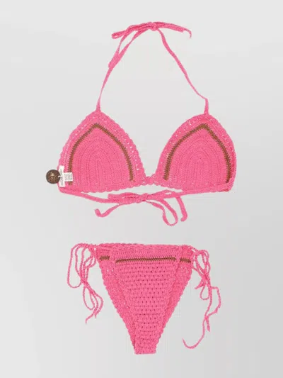 Akoia Swim Beaded Crochet Halterneck Scallop Side Triangle In Pink