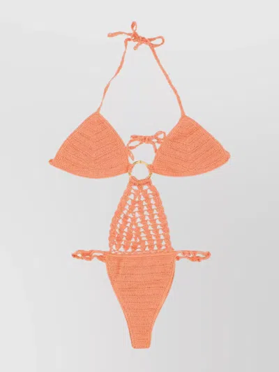 Akoia Swim Crochet Halter Knit Gold-neckpiece In Orange