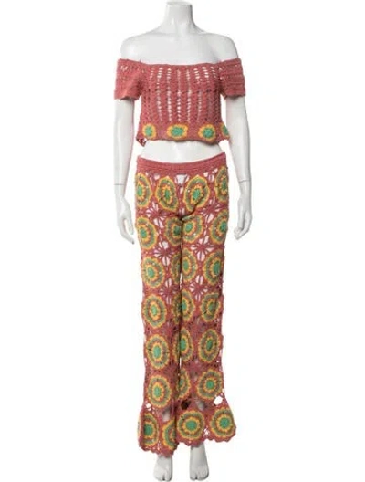 Pre-owned Akoia Swim Patterned Crochet Trim Pant Set In Red