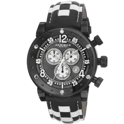 Akribos Xxiv Explorer Chronograph Steel Black And White Checkered Leather Strap Watch Ak612bk In Black / White