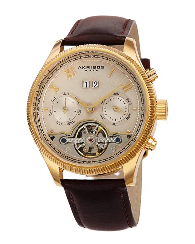 Akribos Xxiv Men's Genuine Leather Watch In Gold