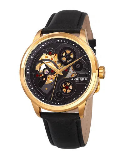 Akribos Xxiv Men's Genuine Leather Watch In Gold