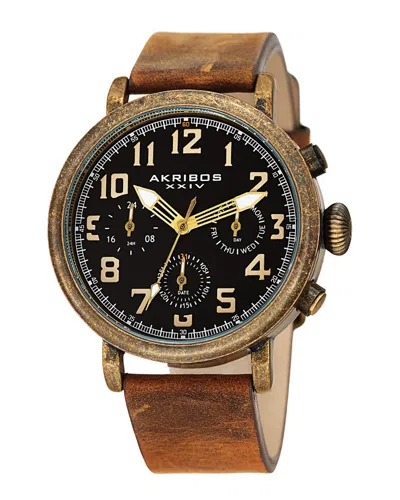 Akribos Xxiv Men's Leather Watch In Gold