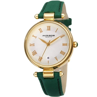 Akribos Xxiv Quartz White Dial Green Leather Ladies Watch Ak1070gn In Gold Tone / Green / White