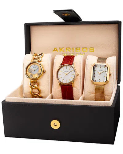 Akribos Xxiv Set Of 3 Diamond Watches In Gold