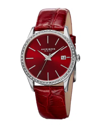 Akribos Xxiv Women's Genuine Leather Watch In Red
