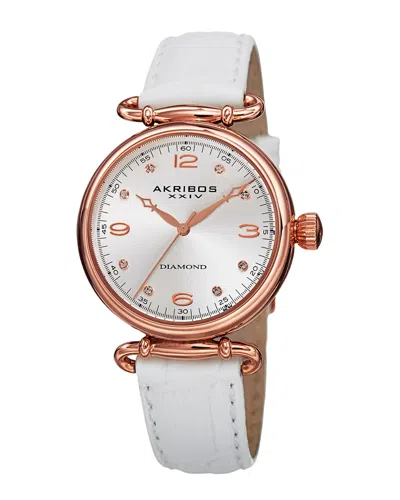 Akribos Xxiv Women's Leather Diamond Watch In White