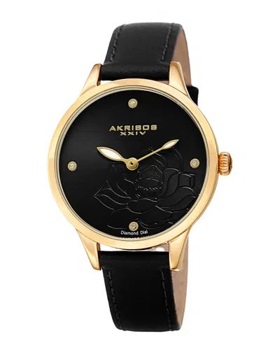 Akribos Xxiv Women's Leather Diamond Watch In Black