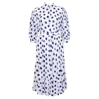 Pre-owned Akris 1990s  White And Blue Polka Dot & Embroidered Leaf Cotton Ensemble