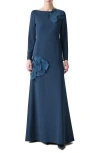 Akris Organza Anemone Corsage Long-sleeve Crepe Gown In Blue