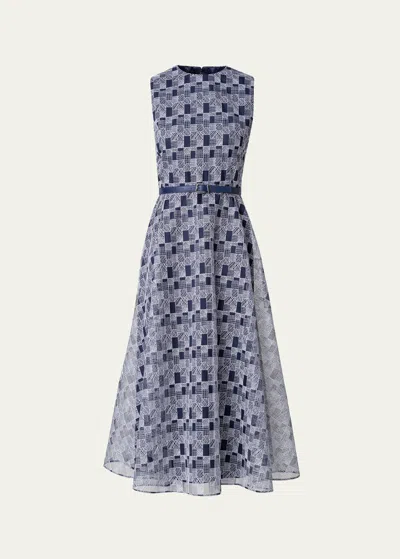 Akris Abstract-print Tulle Belted Midi Dress In Blue