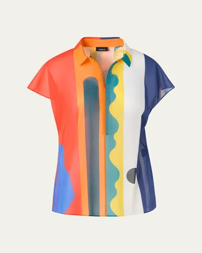 Akris Abstract-print Cap-sleeve Zipper Shirt In Multi