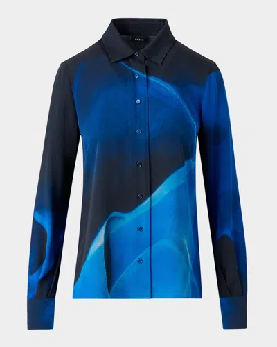 AKRIS ALYSONS CYANOTYPE PRINT SILK BUTTON-DOWN BLOUSE