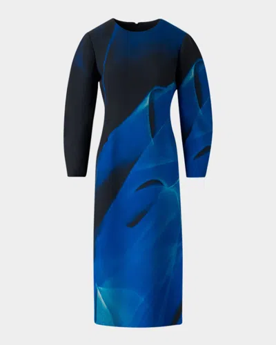 AKRIS ALYSONS CYANOTYPE-PRINT VOLUMINOUS SLEEVE MIDI DRESS