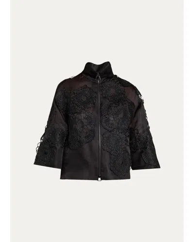 Akris Anemone Embroidered Silk Organza Zip Jacket In Black