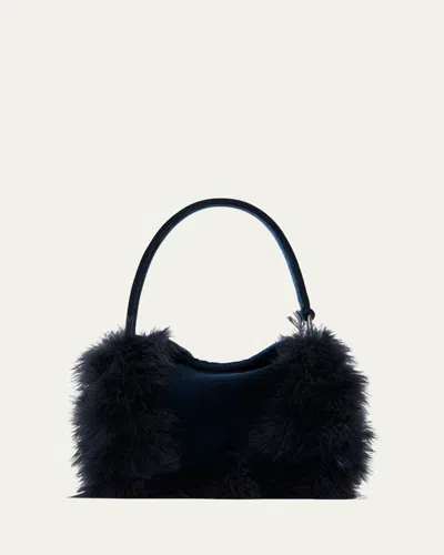 Akris Anna Mini Feather-trim Velvet Hobo Bag In Blue