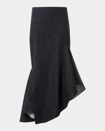 AKRIS ASYMMETRIC FLARED-HEM STRETCH DENIM MIDI SKIRT