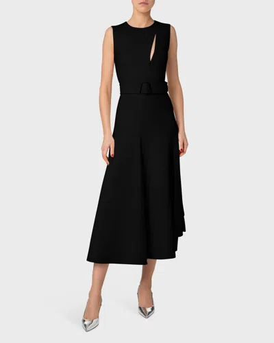 Akris Asymmetric Pleated Wool Midi Dress With Belt In Black