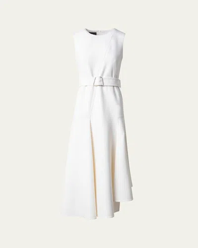 AKRIS ASYMMETRIC PLEATED WOOL MIDI DRESS WITH BELT