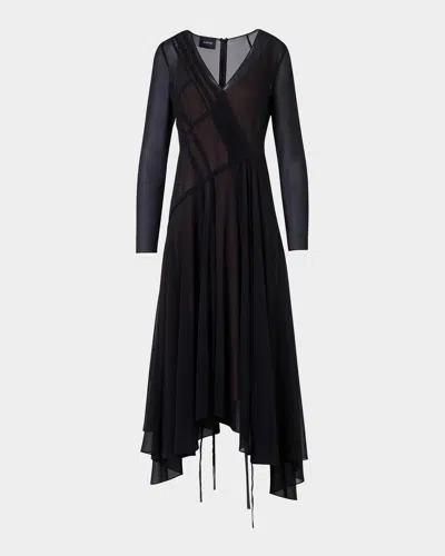 Akris Asymmetric Seamed Silk Georgette Long-sleeve Midi Dress In Black