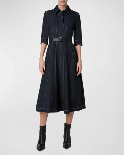 Akris Belted Cotton Denim Midi Dress With Contrast Stitching In Black