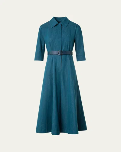 Akris Belted Cotton Denim Stretch Midi Dress In Blue