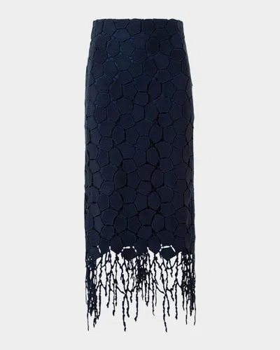 Akris Broken Stone Guipure Fringed Midi Pencil Skirt In Blue