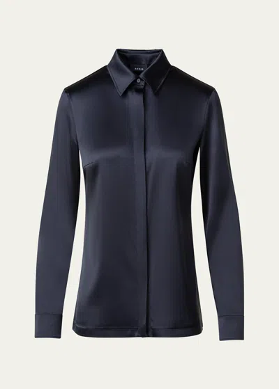 Akris Button Down Silk Satin Stretch Blouse In Black