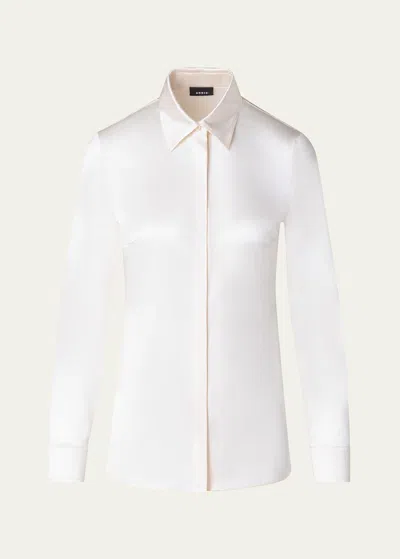 Akris Button Down Silk Satin Stretch Blouse In Ecru