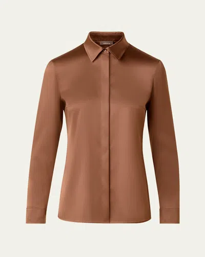 AKRIS BUTTON DOWN SILK SATIN STRETCH BLOUSE 