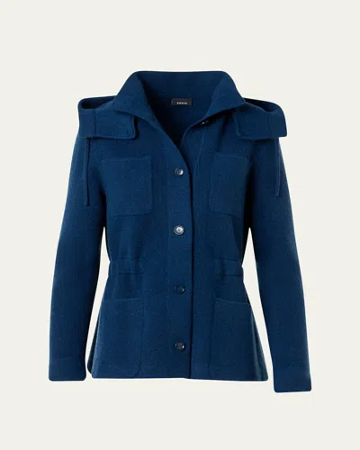 Akris Cashmere Pique Knit Jacket With Detachable-hood In Blue