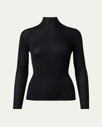 Akris Cashmere-silk Fine Ribbed Knit Pullover In Black