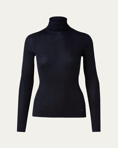 Akris Cashmere-silk Fine Ribbed Knit Pullover In Dark Navy