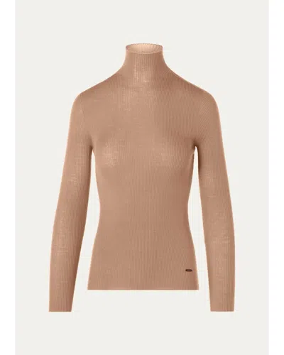 Akris Cashmere-silk Fine Rib Mock-neck Seamless Sweater In Brown