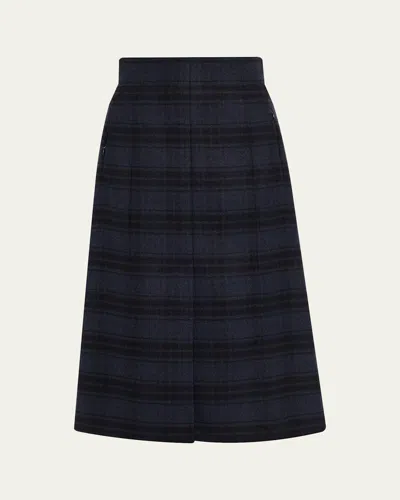 Akris Check Wool Double Face A-line Midi Skirt In Denim-black