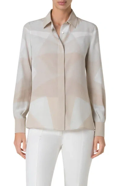 Akris Chiaroscuro Print Silk Crepe Button-up Shirt In Greige