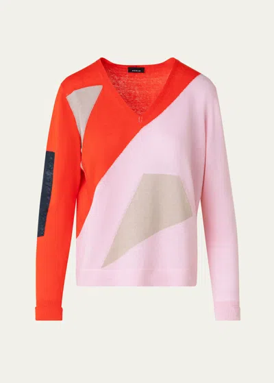 Akris Cotton And Linen Knit Sweater With Spectra Intarsia Details In Poppy Multi