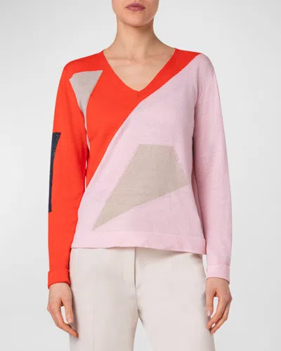 AKRIS COTTON AND LINEN KNIT SWEATER WITH SPECTRA INTARSIA DETAILS