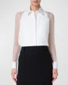 Shop Akris Cotton-bib Silk Organza Button-down Blouse With Tank Top In Ecru