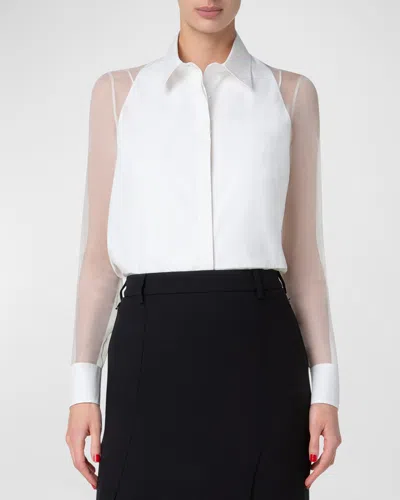 Akris Cotton-bib Silk Organza Button-down Blouse With Tank Top In Ecru