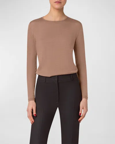 Akris Crewneck Cashmere-silk Seamless Fine Gauge Knit Sweater In Camel