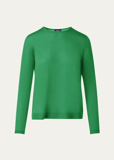Akris Crewneck Cashmere-silk Seamless Fine Gauge Knit Sweater In Green