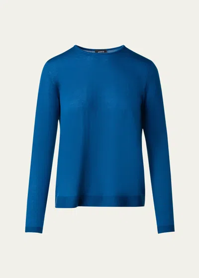 Akris Crewneck Cashmere-silk Seamless Fine Gauge Knit Sweater In Blue