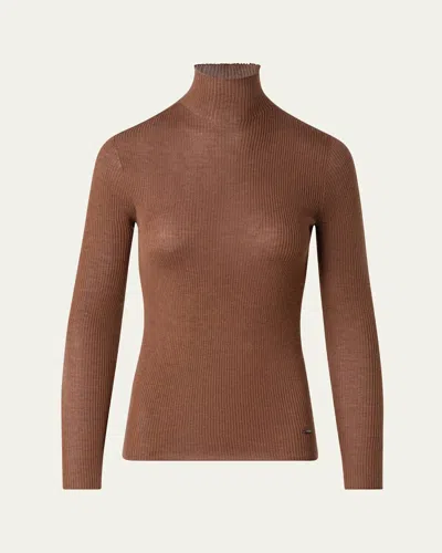 Akris Crewneck Cashmere-silk Seamless Fine Gauge Knit Sweater In Mocca