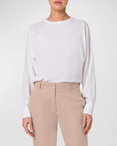 Akris Crewneck Long-sleeve Silk Crepe Blouse In Ecru