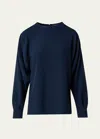 Akris Crewneck Long-sleeve Silk Crepe Blouse In Navy