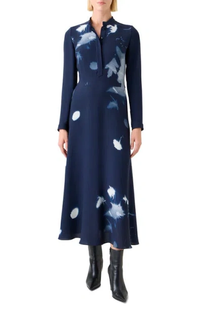 Akris Cyanotype Print Long Sleeve Silk & Wool Shirtdress In Blue