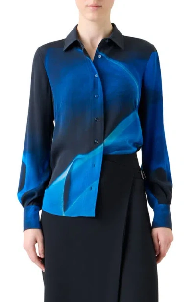 Akris Cyanotype Print Silk Crepe Button-up Shirt In Blue