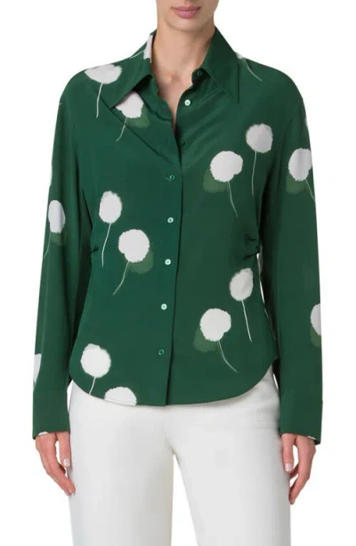 Akris Dandelion Print Silk Crepe Button-up Shirt In Pine Green-ecru