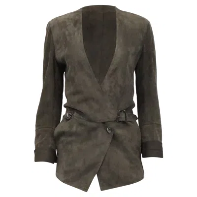 Akris Deep Neckline Wrap-effect Blazer In Olive Goat Suede In Green